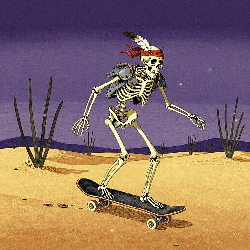 Armored Skeleton Skateboarder in Desert