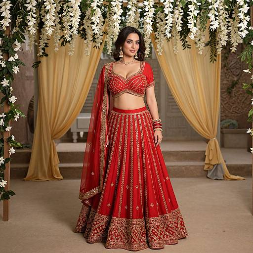 Photograph of a South Asian woman in a red traditional lehenga with gold embroidery, standing under white flowers and yellow drapes.