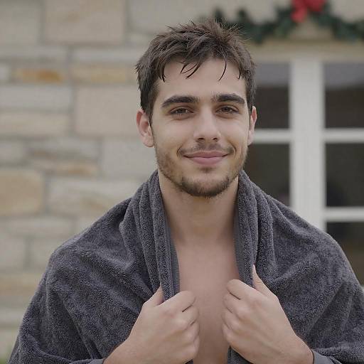 Young man wrapped in towel with light smile