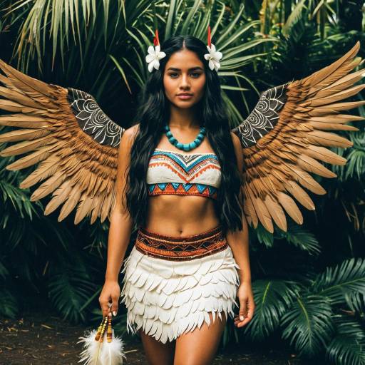 Woman in Tribal Costume with Wings in Tropical Jungle