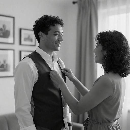 Couple Adjusting Vest in Black and White