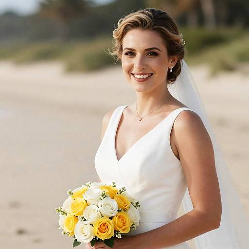 Beachside Bride with Bouquet and Smiles
