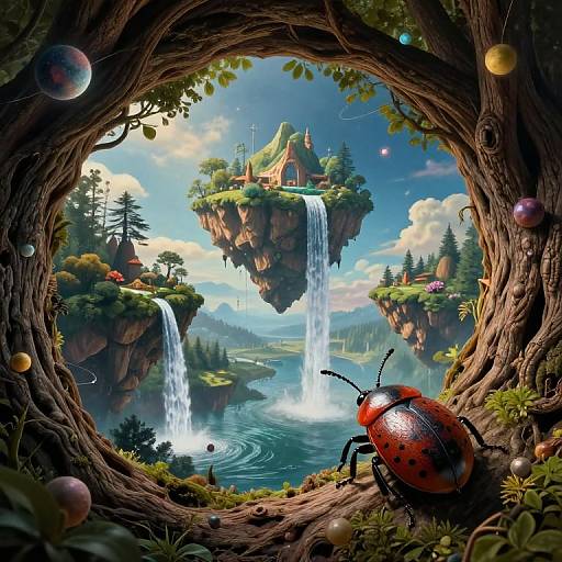 Dreamy digital painting of a whimsical, fairy-tale landscape seen through a tree hollow, featuring a red beetle, floating islands, waterfalls,