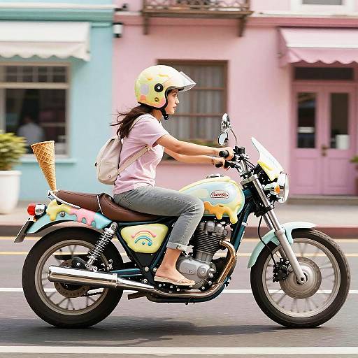 Woman Riding Ice Cream Themed Motorcycle