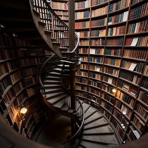 Photograph of a spiral staircase in a dimly lit, circular library with shelves of colorful, tightly packed books surrounding it.