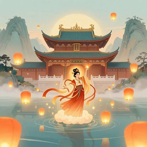 Digital illustration of a dancing Asian woman in a red dress, surrounded by floating lanterns, in front of a traditional Chinese temple with misty mountains and