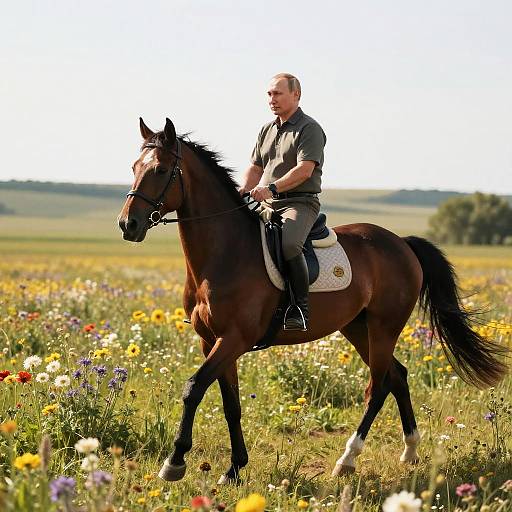 Putin Horse Riding in Sunlit Meadow