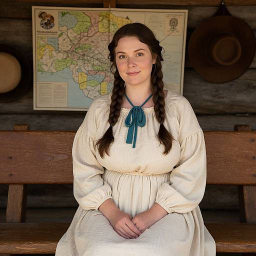 Photograph of a young woman with fair skin and braided dark hair, wearing a white, long-sleeved, embroidered dress with a blue ribbon