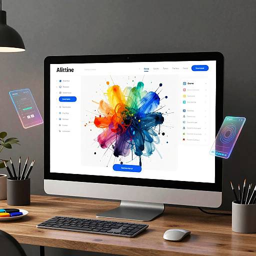 Photograph of a modern desk with a computer displaying a colorful abstract splash screen, black keyboard, white mouse, and two floating digital cards, under a