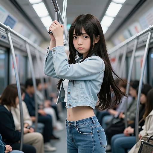 Photograph of a young Asian woman with long black hair, wearing a light blue denim jacket and high-waisted jeans, holding a subway pole in
