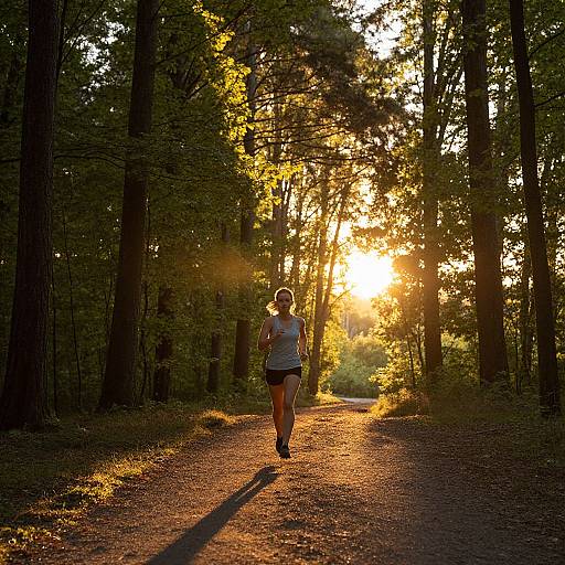 Photograph of a woman jogging on a sunlit forest path, backlit by the golden sunset, with tall trees on either side.