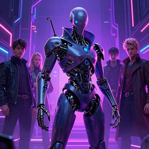 CGI sci-fi scene: shiny, blue-accented humanoid robot in neon-lit futuristic corridor, surrounded by four people in dark clothing. Pink