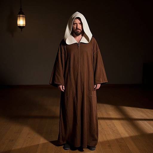 Photograph of a bearded man with a white hood, wearing a long brown robe, standing in a dimly lit room with wooden floor and a