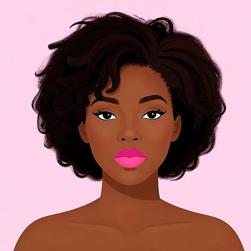 Digital illustration of a dark-skinned woman with large, curly black hair, bright pink lips, and bold black eyeliner, centered against a white background