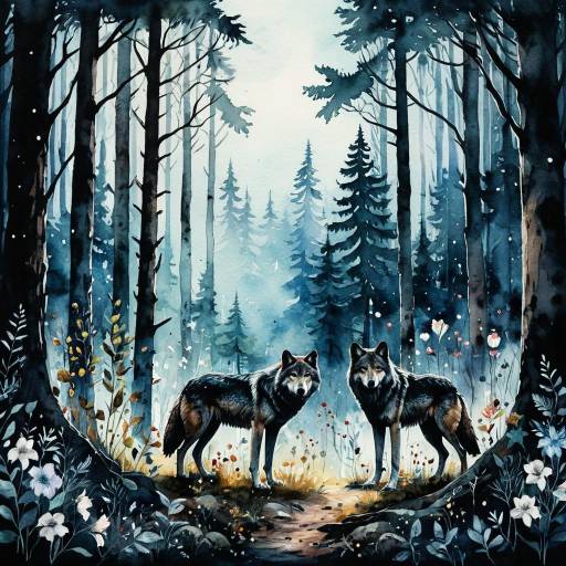 Wolves in Mystical Forest Watercolor