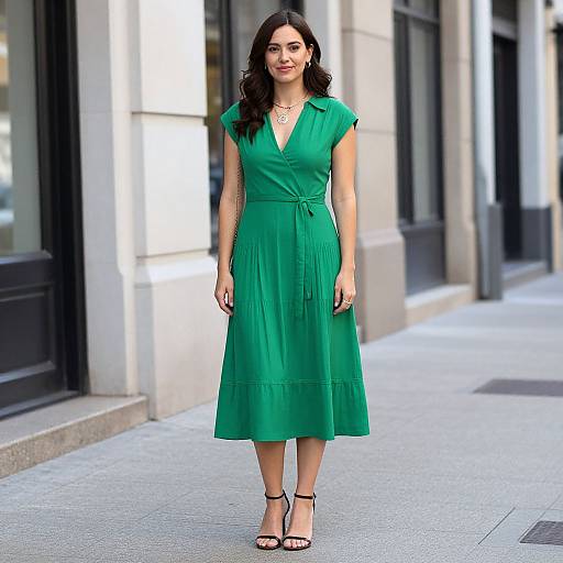 Photograph of a woman with long dark hair, wearing a green V-neck knee-length dress and black sandals, standing on a city sidewalk.