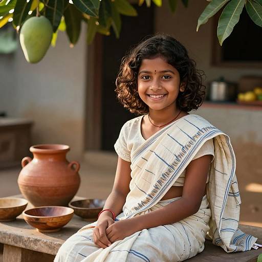 Photograph of smiling Indian girl with dark curly hair, wearing white striped sari, sitting outdoors beside clay pot and bowls, under mango tree.