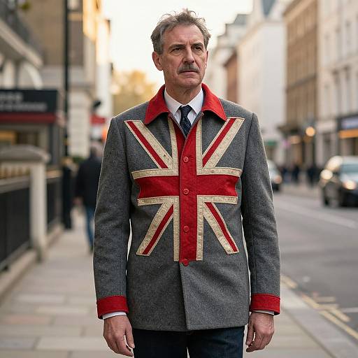 Photograph of a middle-aged man with gray hair and mustache, wearing a gray jacket with a large Union Jack design, standing on a city street