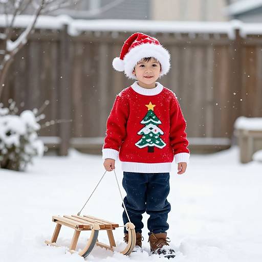 Photograph of a smiling Asian toddler in a red Christmas sweater, Santa hat, and boots, pulling a wooden sled through snowy yard.