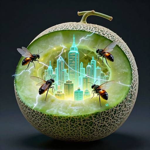 Digital art of a textured apple with glowing cityscape inside, surrounded by four buzzing flies with lightning striking the scene.