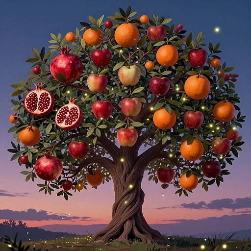 Digital art of a magical tree bearing vibrant red and orange apples, some halved, with glowing fireflies at dusk.