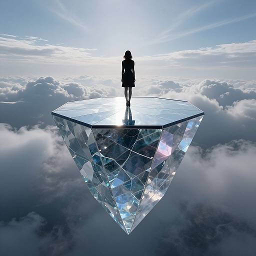Silhouetted woman standing on a glowing, crystal diamond floating above clouds, illuminated by bright sunlight, in a surreal, ethereal scene.