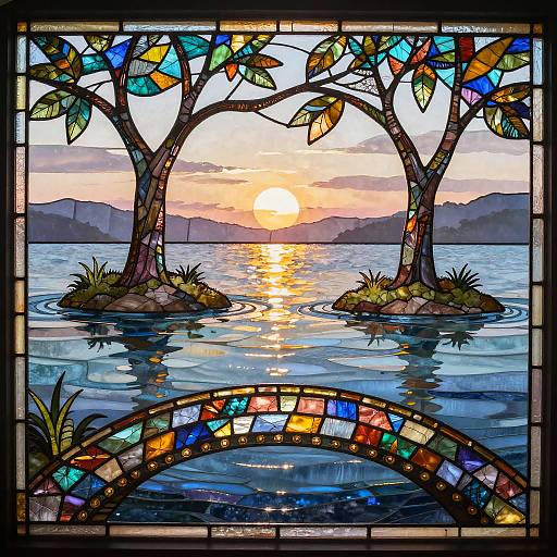 Stained Glass Window at Dawn with Islets and Bridge