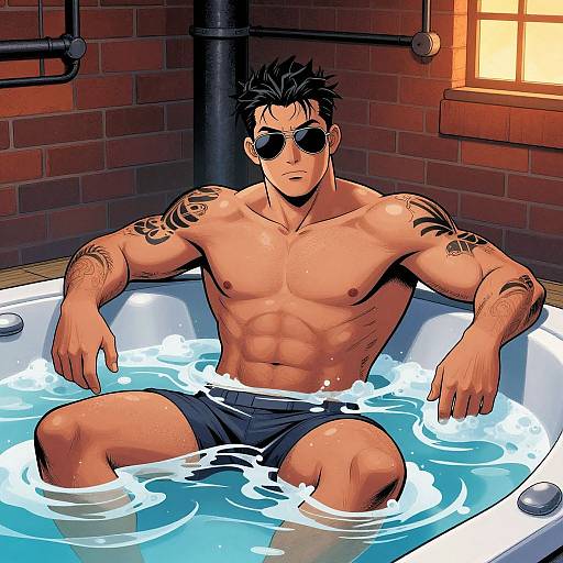 Muscular, tattooed man with black hair and sunglasses relaxes in a bathtub filled with blue water, wearing black shorts, in a brick-walled