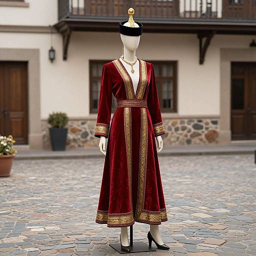 Photograph of a white mannequin wearing a deep red velvet robe with gold trim, black hat, and heels, standing on a cobblestone