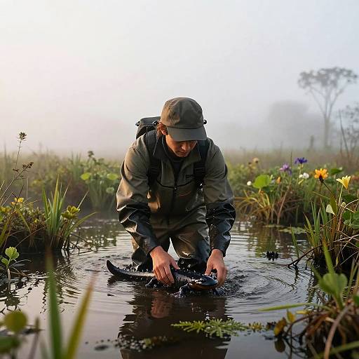 Misty Dawn Herpetologist Relocating Salamander
