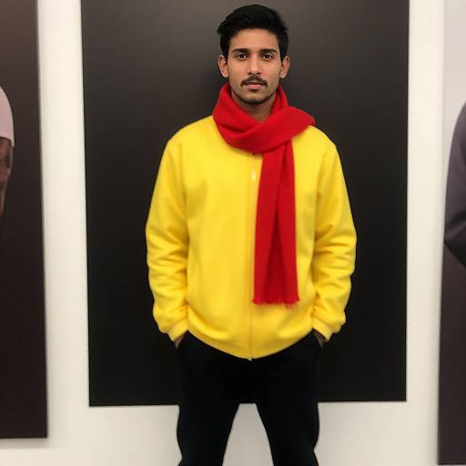 Photograph of a young man with short black hair and mustache, wearing a bright yellow sweater, red scarf, and black pants, standing against a