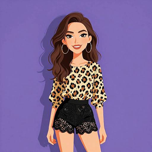 Digital illustration of a smiling woman with long brown hair, wearing a leopard print top and black lace shorts, against a purple background.