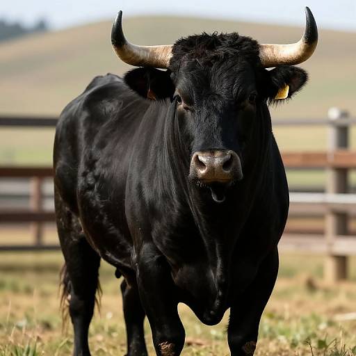 Photograph of a black bull with large curved horns standing in a grassy field, wooden fence in the background, blurred hills beyond.