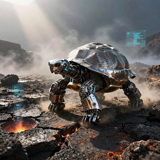 Photorealistic CGI of a metallic, robotic turtle with glowing blue accents, standing on a lava-filled, smoky volcanic landscape. Digital overlays float in