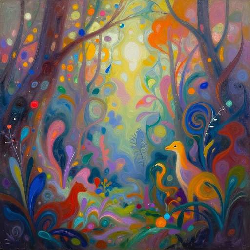 Vibrant, surreal forest painting with swirling, colorful abstract birds, flowers, and trees, illuminated by a bright, glowing sun in the background.
