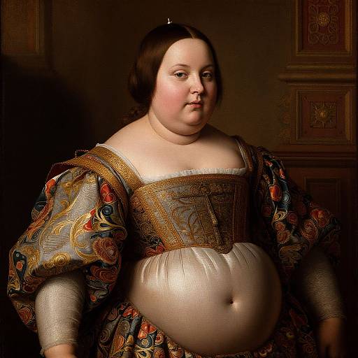 Photograph-style digital painting of a plump, fair-skinned woman with dark brown hair, wearing an elaborate, ornate Renaissance dress with puffed