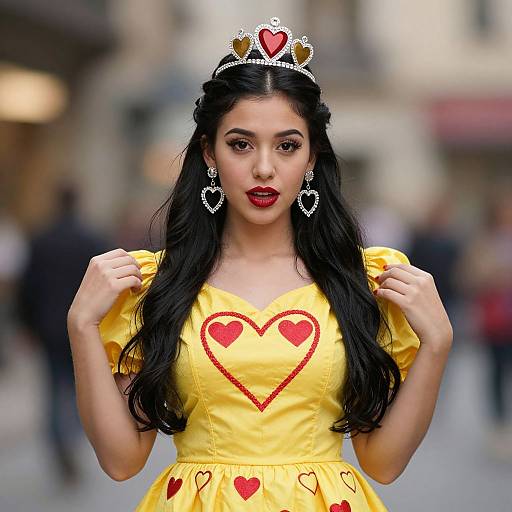 Photograph of a young woman with long black hair, wearing a yellow dress with red heart patterns, a silver tiara, and heart-shaped earrings,