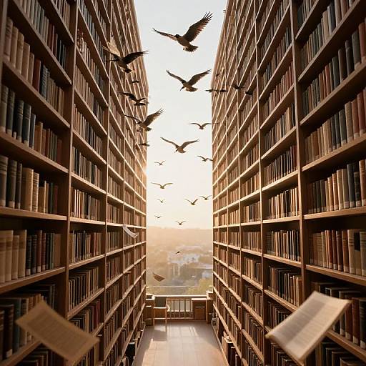 Photograph of a vast, sunlit library with tall wooden bookshelves flanking a central aisle, birds flying overhead, and floating papers.