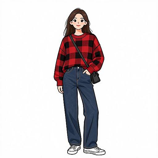 Digital illustration of a young woman with long brown hair, wearing a red-black checkered sweater, blue high-waisted jeans, white sneakers, and