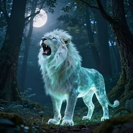 Digital artwork of a glowing, white, ethereal lion roaring in a dark, moonlit forest with dense trees and mist.