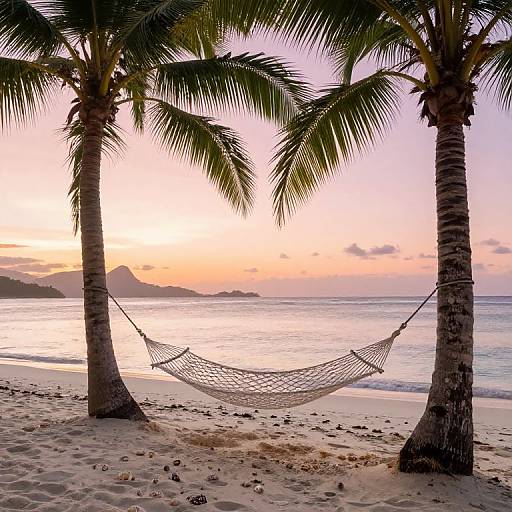 Photograph of a serene beach at sunset, featuring a hammock strung between two palm trees, with a calm ocean and pastel sky.