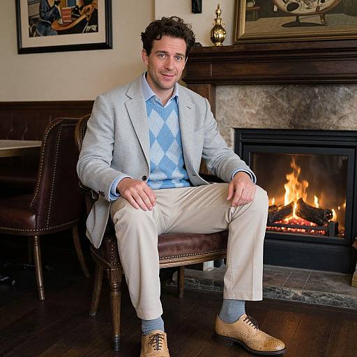 Photograph of a curly-haired man in a light gray blazer, blue checkered sweater, beige pants, and tan shoes, sitting in front of