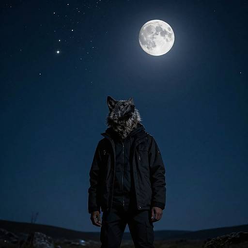 Photograph of a person wearing a wolf mask, standing under a bright full moon in a dark, starry night sky.
