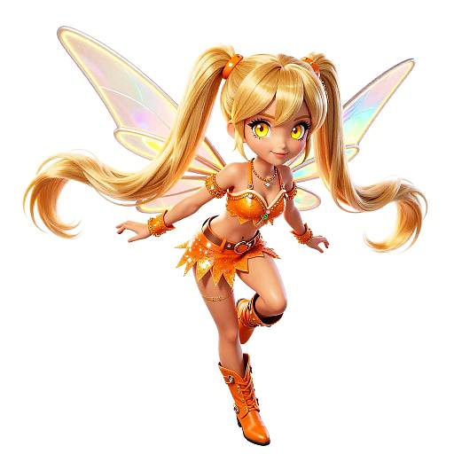 Digital anime-style fairy girl with long blonde pigtails, orange wings, yellow eyes, and orange fairy outfit, mid-leap against white background.