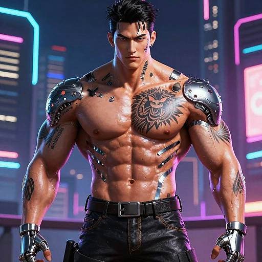 CGI image of a muscular, shirtless man with black hair, cybernetic shoulder armor, tattoos, and black pants, standing in a neon