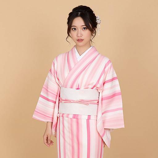 Woman in Pink Striped Kimono