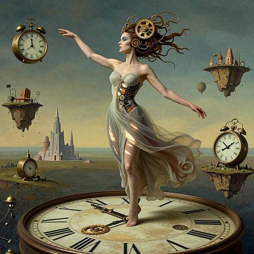 Digital surreal art: Clockwork fairy in flowing dress, floating gears, floating clocks, floating islands, and a castle in a dreamy sky.