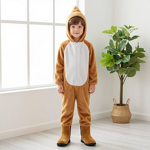 Photograph of a young boy standing in a bright room, wearing a brown, hooded, onesie with a white chest panel and black boots,