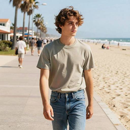 Photograph of a young, curly-haired man in a gray t-shirt and blue jeans walking on a sunny beach boardwalk with palm trees, beachgo