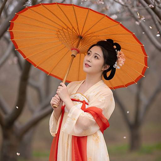 Asian woman in traditional white and red kimono, holding orange parasol, with black hair adorned with pink flowers, standing in cherry blossom field. Photograph
